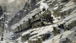 Create an oil painting of a Zephyr train traveling through a mountain pass in the Rocky Mountains during winter, with snow falling, rendered in the style of Howard Pyle. Capture the adventurous and dramatic essence of the scene, infusing it with Pyle's signature narrative richness and attention to detail. The sleek, silver Zephyr should be depicted powering through the rugged, snow-covered terrain, its Art Deco lines contrasting with the wild, natural environment. The surrounding Rocky Mountains