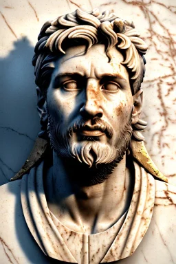 Ultra Realistic image, Roman sculpture, white marble material, Lionel Messi, gold Laurel leaves wreath, renaissance ornaments, one gold star in heart, marble background, chisel style, waist up portrait, emperor style, epic, celestial, cinematic lighting, God light, god rays, 4k resolution, smooth details, ornate details, soft lighting, unreal engine 5, art station, substance 3d.