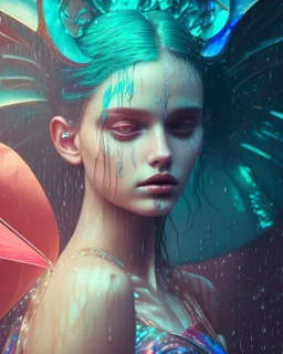 goddess painting in the style of marta bevacqua, violent, high delicate defined details, beautiful, atmospheric, rain, matte, 3 d 8 k octane rendered, sharp focus, illustration, holographic undertones, high detail, ultra realistic, highly saturated colors