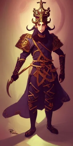 wide angle beautiful full body portrait of a strong male anthropomorphic thiefling wearing ornate - themed magic fantasy armor and a crown. character design by disney, anime, manga, charlie bowater, ross tran, artgerm, and makoto shinkai, detailed, soft lighting, rendered in octane