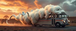 ghost busters and a ping pong long fluffy slinky cloud snake with a sheeps head bus