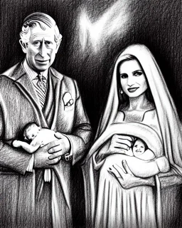 Prince Charles and Dianna in a nativity scene pencil and charcoal sketch