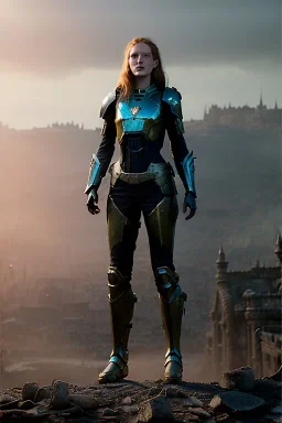 ultrarealistic, concept art, panoramic, ruined city,__intricate fantasy armor__, no star, __angles__, 18 year old woman, strikingly beautiful,ginger hair, _colour_, (pale __skincolor__ skin:1.2), __camera__, long hair, detailed face and eyes, medium breasts, sci-fi theme, freckles, dynamic pose, resolved expression, __accessory__, strappy outfit, (straps:1.1), sword in scabbard on left hip, (buckles, buttons, snaps, rings:1.0), haltertop style breastplate, detailed eyes, plump lips