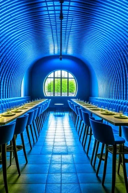 A restaurant whose outer walls are oval in shape, the color of the inside is blue, and its floor is light, with one large table in the middle of the restaurant in the shape of an oval, the length of which is 6 meters.