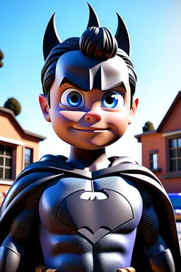 Disney Pixar style image. White boy with straight brown eyes and hair, approximately 5-6 years old, dressed as the superhero Batman. He should look strong, muscular and courageous. In the background a school with children playing., 3d render, cinematic