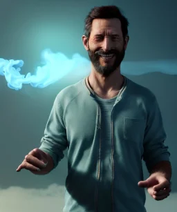 Realistic image, waist up view, a guy making the fuck you gesture with his hand, blue smoke coming out of his eyes, nose and mouth. Happy, smile, soft color, highly detailed, unreal engine 5, ray tracing, RTX, lumen lighting, ultra detail, volumetric lighting, 3d, finely drawn, high definition, high resolution.