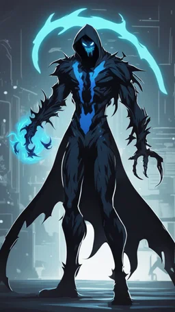 Mix between venom symbiote and Reaper in solo leveling shadow style with neon glowing blue