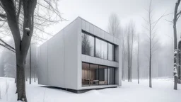 Modern and minimalist house in a winter environment is light gray, with vertical siding that gives it a subtle texture. There are small rectangular windows and a visible door, all emitting warm light from the inside. The house is situated in a snowy landscape, with several bare trees scattered around, suggesting that it is winter or a cold region.