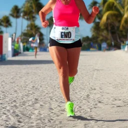 Sonia Lombardi running a marathon on Miami beach, about to cross the finish line, photo realistic, 8k, realism