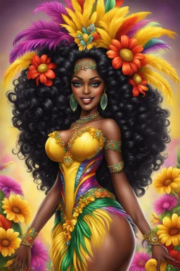 Create a digital airbrush cartoon of a curvy African American female wearing Brazilian carnaval outfit outfit that's Black, yellow, and red Prominent make up with hazel eyes. Highly detailed very long extremely curly black hair. Her skin is smooth and silky. Background eof a judge full of colorful flowers