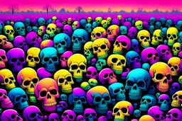a field of 1000s of cartoonish, anatomically correct, skulls, vivid RANDOM BRIGHT neon colors, dark comedy, well lit, high detail, photorealistic, horrorcore, fun, scary, none featured, each a different color or hue,
