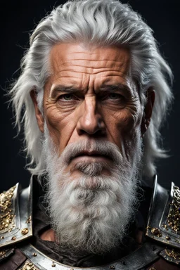 portrait of a 55 year old warrior with salt and pepper hair. His beard is neatly trimmed. Fantasy, hyperrealistic