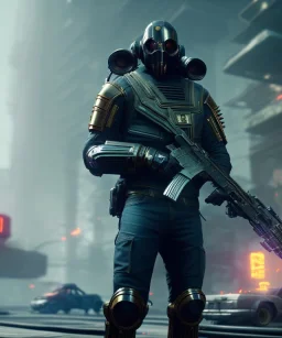 gang of badass wearing a broken mask, full body, standing, atmospheric, realistic, unreal engine, cinematic lighting, octane render, cyberpunk city avenue, light dust, 8k