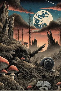 twilight scene in manga style illustration Modifiers: Albrecht Dürer junji ito Epic woodblock print rule of thirds Odilon Redon Otherworldly alcohol ink Tsutomu Nihei Mushrooms vivid color stippling void Hatching snail sharp contrast sharp edge Art by Leah Analog Horror the styles of ancient masters like Utagawa Hiroshige, Katsushika Hokusai and Togaku Old growth forest scene decaying log, moss, ferns, spiderwebs, beetles and caterpillars