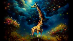 A towering giraffe with a neck that stretches impossibly high, piercing through cotton candy clouds into a starry night sky. Its spots are swirling galaxies and nebulae, glowing with ethereal bioluminescence. The giraffe's legs fade into twisted acacia trees rooted in floating islands of red earth. Glowing fireflies drift lazily around its head like orbiting planets.