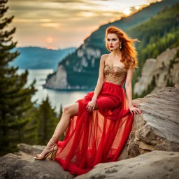 pretty dream houses in rocky mountain in wavy sea side,18 years old cute and adorable polish model standing on the rocksextremely detailed beautiful face, in hot colors adorned sapphire and gold one strap dress, wearing sexy in fashion sfilate decorated, elegant wavy hair, porcelain pale skin, shiny red lips, bright red hair, front face, right side look, beautiful smile look camera, sexy detailed elegant dress, the lens is in the left corner, ultra focu