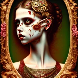 singer Danish MØ face, style surrealism by <Mark Ryden>, blood, guts, darkred tones,