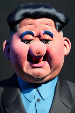 Waist up muppet Portrait, Kim Jong-un as muppet doll, black suit, photo studio, blue background, unreal engine 5, concept art, art station, god lights, ray tracing, RTX, lumen lighting, ultra detail, volumetric lighting, 3d.