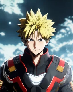 Detailed anime portrait of bakugo from my hero academia, gold hair and golden eyes, black suit, intricate details, full body portrait, keep head in frame, slight smile, black Japanese motif, concept art, highly detailed, digital painting, concept art, sharp focus, illustration, art by Yoji Shinkawa, WLOP and greg rutkowski and alphonse mucha and artgerm and yanjun Chen and Junji ito and Makoto Shinkai, HDR, octane render