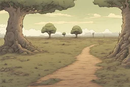 one large tree, bared land, post-apocalypse, front view, foot path, , comic book, cartoon