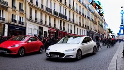 A Tesla's 'Model S Plaid' is racing at top speed, by the 'Sacre Coeur', in Paris. CINEMATIC. WIDE ANGLE LENS. PHOTO REAL.