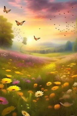 amanecer en una campiña medieval, en plena primavera, lleno de flores silvestres de suaves colores, mariposas y aves diversas se visualizan en pleno vuelo, atmosfera calida, agradable que transmite profunda calma