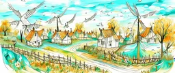 A white village with windmills and birds designed in German folk art painted by Vincent van Gogh