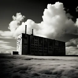 landscape ,minimal ,Photo with an old analog camera. Black and white. Part of a strange dream. white clouds wide plain The big building between them. like pink floyd landscape ,Abandoned factory ,from a weird dream captured with the first model of dreamrecorder by gnom industries inc