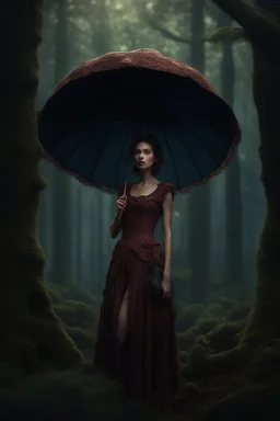 tall slim woman in a dress, in a forest, holding an umbrella made from a mushroom, detailed matte painting, deep colour, fantastical, intricate detail, complementary colours, fantasy concept art, 8k resolution, Unreal Engine 5