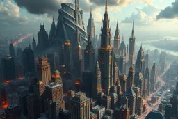 there is a picture of a city with a lot of buildings, intricate futurism, 4k highly detailed digital art, mind-bending digital art, expansive detailed layered city, 4k detailed digital art, tectonic cityscape, fractal thunder dan mumford, big and structured valhalla city, hyper detailed digital art, dan mumford. maya render, surreal neuron city