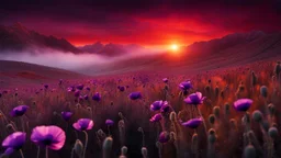 black poppy seed , purple poppy flower in the bloody sunset, on alien land, weird, surreal, complementer colors, fog, shadows, dead world, high detailed, far above on the dark sky is nebula