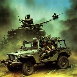 vietnam war. war report. jeep in jungle. poster. bokeh. lens flare. warm lights. high detailed. beksinski