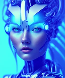 A beautiful portrait of a cute cyborg woman blue color scheme, high key lighting, volumetric light high details with white stripes and feathers and indian paterns and wimgs