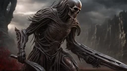 a horrifying wraith warrior. brutal carnage on a battle field. fantasy setting. h.r. giger. armor melted into the skin. blood. intense horror. blind terror. scared to death. a masterpiece, fantasy concept art, dynamic lighting, hyperdetailed, intricately detailed, deep color, Unreal Engine, volumetric lighting, Epic cinematic brilliant stunning intricate meticulously detailed dramatic atmospheric maximalist digital matte painting