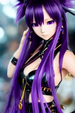 Detailed cute anime Kunoichi girl, purple hair buns, purple bangs, black latex bodysuit, intricate details, full body portrait, keep head in frame, slight smile, black Japanese motif, concept art, highly detailed, digital painting, concept art, sharp focus, illustration, art by Yoji Shinkawa, WLOP and greg rutkowski and alphonse mucha and artgerm and yanjun Chen and Junji ito and Makoto Shinkai, HDR, octane render