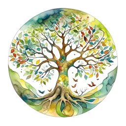 Tree of life in perfect circle , watercolor , white background