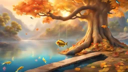 3D tech add one large tree with golden leaves. and river with colorful watercolor rainbow fantasy fish swiming in water. Disney and childrens book style. remove flying fish, humans. Add baby phoenix bird sitting on the tree branch. tree branch fishing