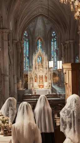 girl alone wearing lace veil with blood on it praying in church.cinematic.