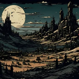 snomy tundra landscape drawn in the art style of Darkest Dungeon