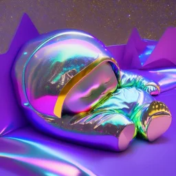 A Teletubbie sleeping in holographic foil