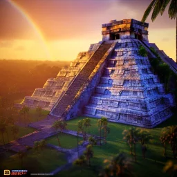 Chichen Itza, sunset, rainbow sunset, waterfall, palms, twigs, spring, sunset rainbow, bridge flying birds, unreal engine 5, cinematic lighting, realistic, hyper detailed, 8k, octane render