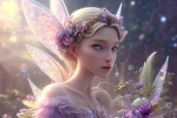 one very little beautiful fairy on a big crystal subtle flower in a galactic ambiance, transparent petals, delicate colors, in the foreground, full of details, smooth, bright sunshine，soft light atmosphere, light effect，vaporwave colorful, concept art, smooth, extremely sharp detail, finely tuned detail, ultra high definition, 8 k, unreal engine 5, ultra sharp focus