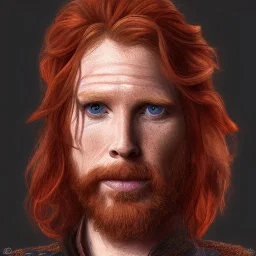 Portrait of Courtney Gains as a ruggedly handsome but joyful roguish pirate, charismatic, attractive male, masculine, perfect, precisely detailed, lightly freckled face, meticulously detailed multi-hued ginger carrot colored cherry fire red hair; Malachai of the corn; fantasy, intricate, elegant, highly detailed, digital painting, artstation, concept art, matte, sharp focus, illustration, art by artgerm and greg rutkowski and alphonse mucha