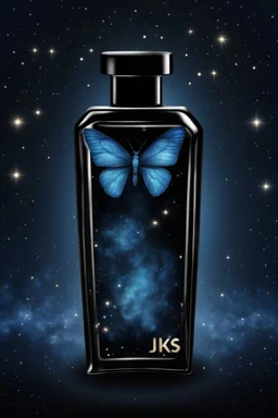 The design of a black perfume bottle as a galaxy of stars and a blue butterfly containing the word jiks