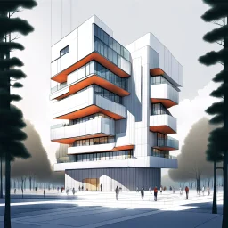 Dibujo arquitectónico de un edificio de cinco pisos, moderno, diseñado aplicando la proporción, estilo minimalista futurista, calidad ultra, gente, árboles, colores complementarios