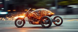 sparks blazing, seen from front, tattoo style, motion blur, airbrush art, elon musk riding inside an awesome trike with three back wheels, spaceship in copper, fast one in the shape of a transparent snail , now its gonna do an awesome gig , bokeh like f/0.8, tilt-shift lens 8k, high detail, smooth render, down-light, unreal engine, prize winning