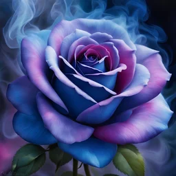 A close up of a rose with smoke coming out of it, an airbrush painting by Shirley Teed, trending on cg society, romanticism, rendering a blue rose, blue rose, magical flowers, abstract smokey roses, roses made of colorful smoke, blue and pink colors, translucent roses ornate, glowing delicate flower, magical colorful flowers, rosses, with beautiful colors, realistic painting, 8K