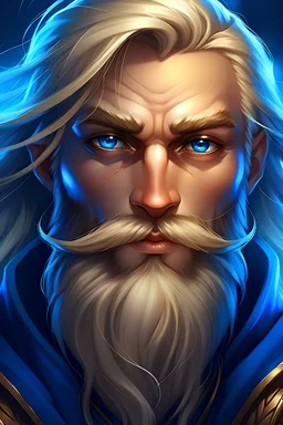 wizard, noble face, blue eyes, full beard, long blonde hair, digital comic style