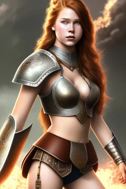 concept illustration, super-detailed, strikingly beautiful teen female, 16 years old, long ginger hair, medium freckles, full lips, full body, full face, b-cup breasts, athletic, centred camera, ignore NSFW, skimpy brown fantasy leather armor, halter top, micro thong, knee-high leather boots, open leather tasset, stern expression,