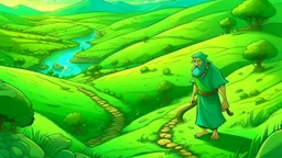 fantasy cartoon style illustration; ) In the green hills of the emerald isle lived a very poor man called Nile.